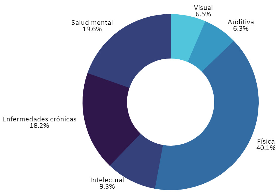 Círculo donde está representado, por colores y mediante porcentajes, la cantidad de personas con discapacidad que hay de cada tipo. El resultado es: 21.5% Visual, 23.3% Auditiva, 24.2% Física, 3.9% Intelectual, 14.6% Trastornos de salud mental y 12.5% Enfermedades raras.