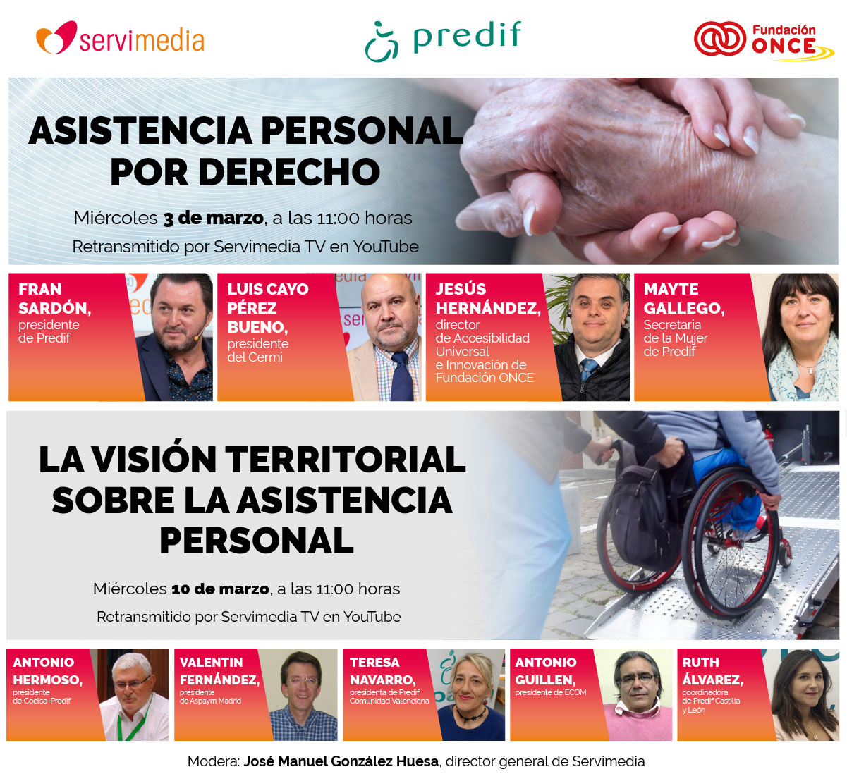 Cartel de los diálogos de asistencia personal con los nombres y las fotos de los/as participanes