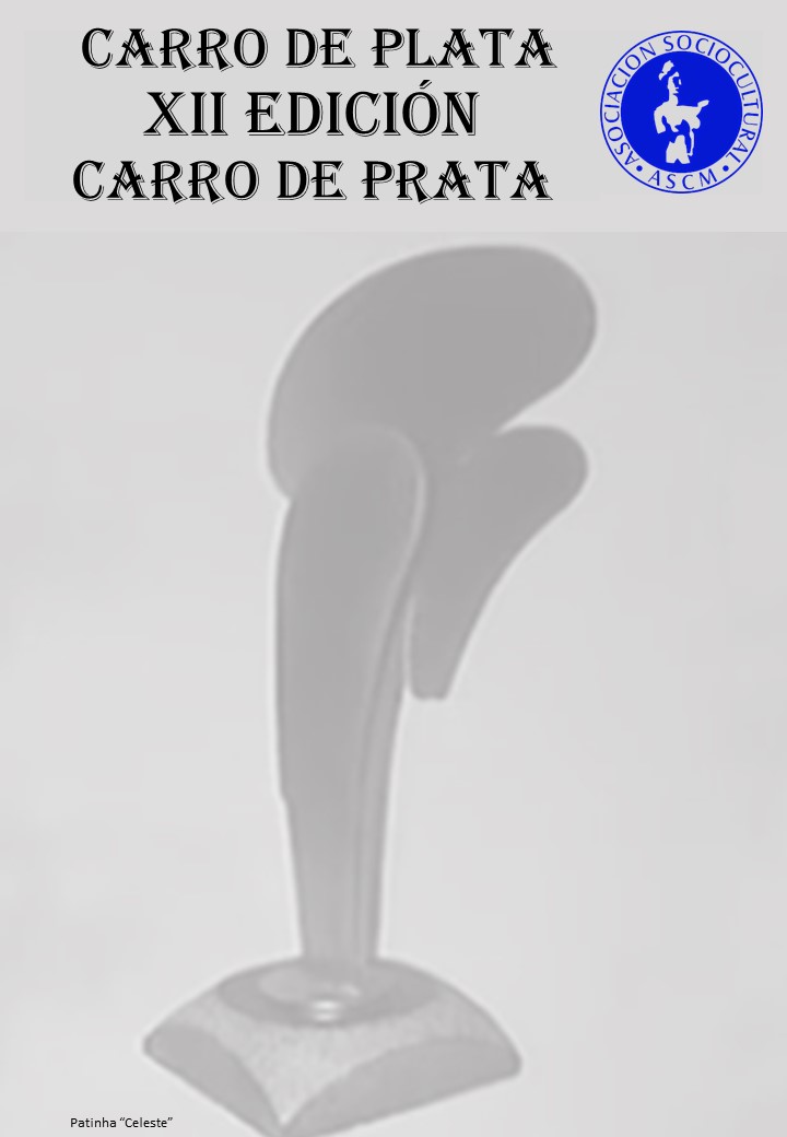 Cartel de los XII Premios Carro de Plata con el texto: Carro de Plata XII Edición Carro de plata. Imagen del premio en color gris plata.