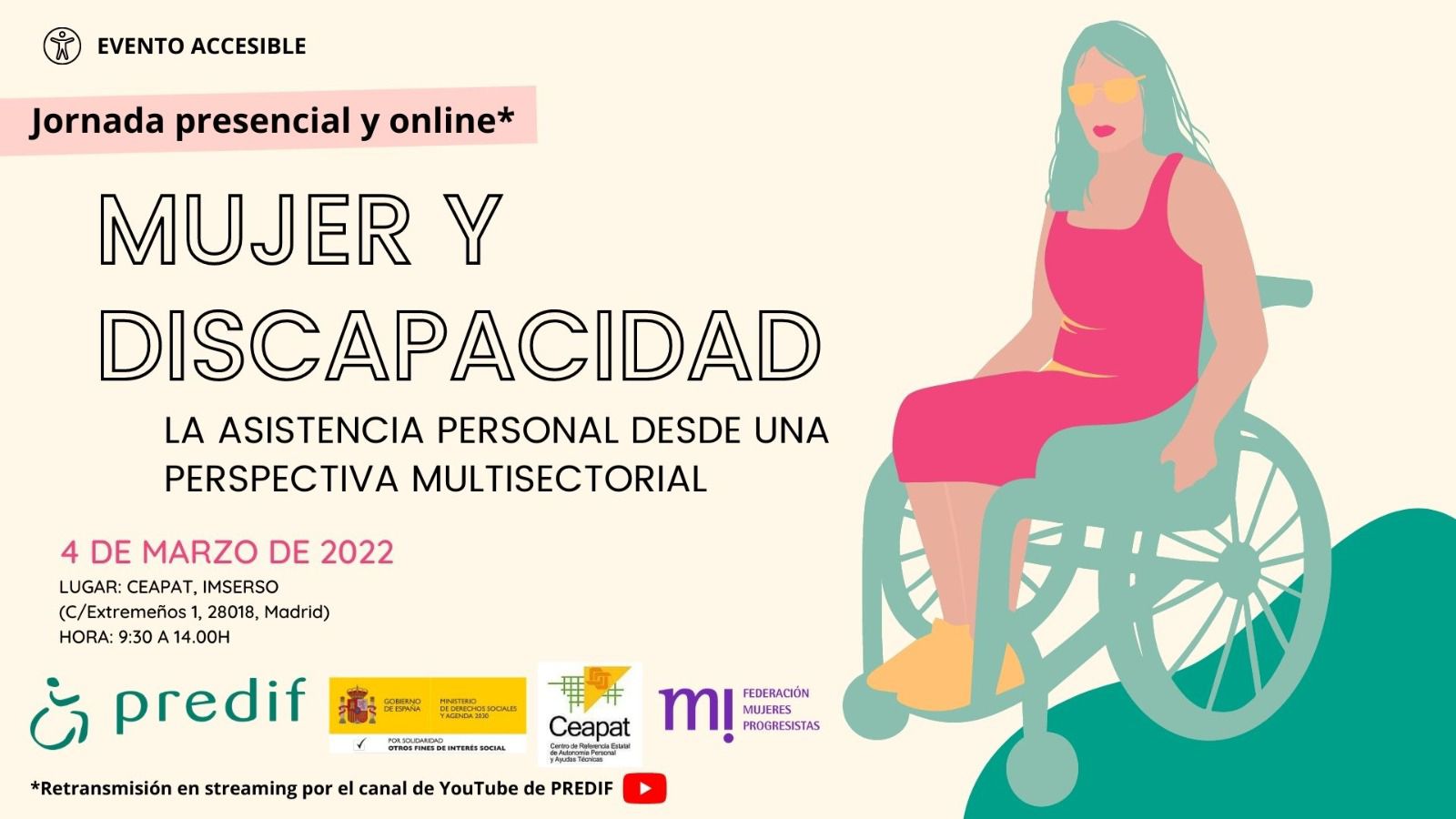Cartel de la jornada mujer y discapacidad. Se celebrará, de forma presencial y online, el cuatro de marzo entre las 9 y media y las 14 horas.